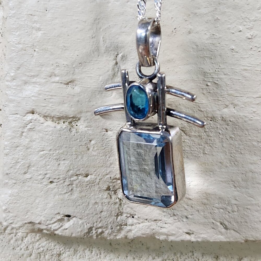 New Womens Aquamarine & Topaz 925 Sterling Silver Necklace